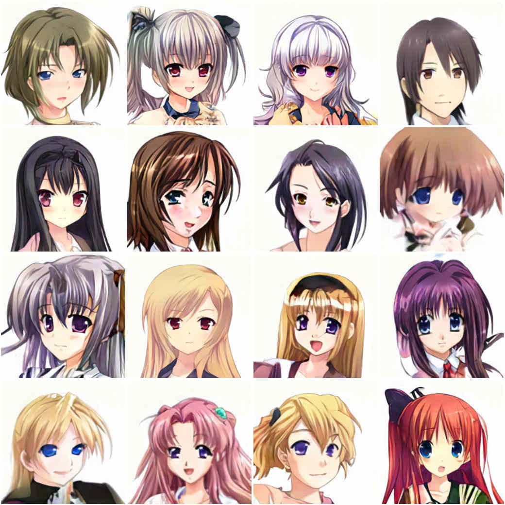 2017 SOTA: 16 random Make Girls.Moe face samples (4×4 grid)