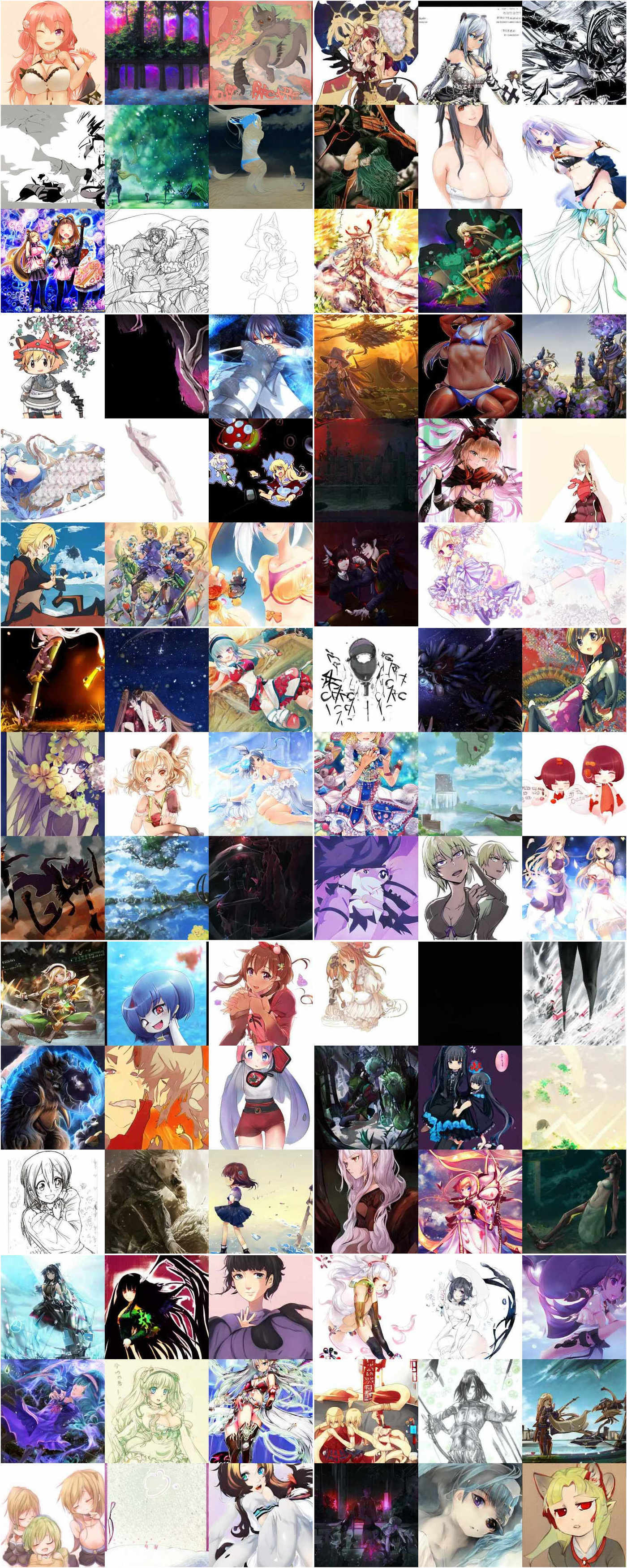 90 random EMA samples (untruncated) from the 256px BigGAN trained on Danbooru2019/anime-portraits/e621/e621-portraits.