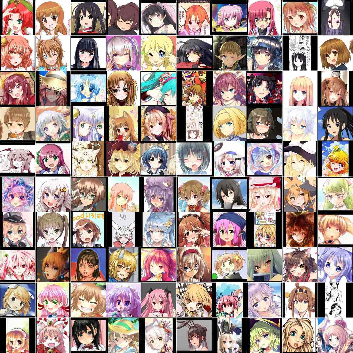 100 real faces from the ‘portrait’ dataset (SFW Danbooru2018 cropped with expanded margins) in a 10