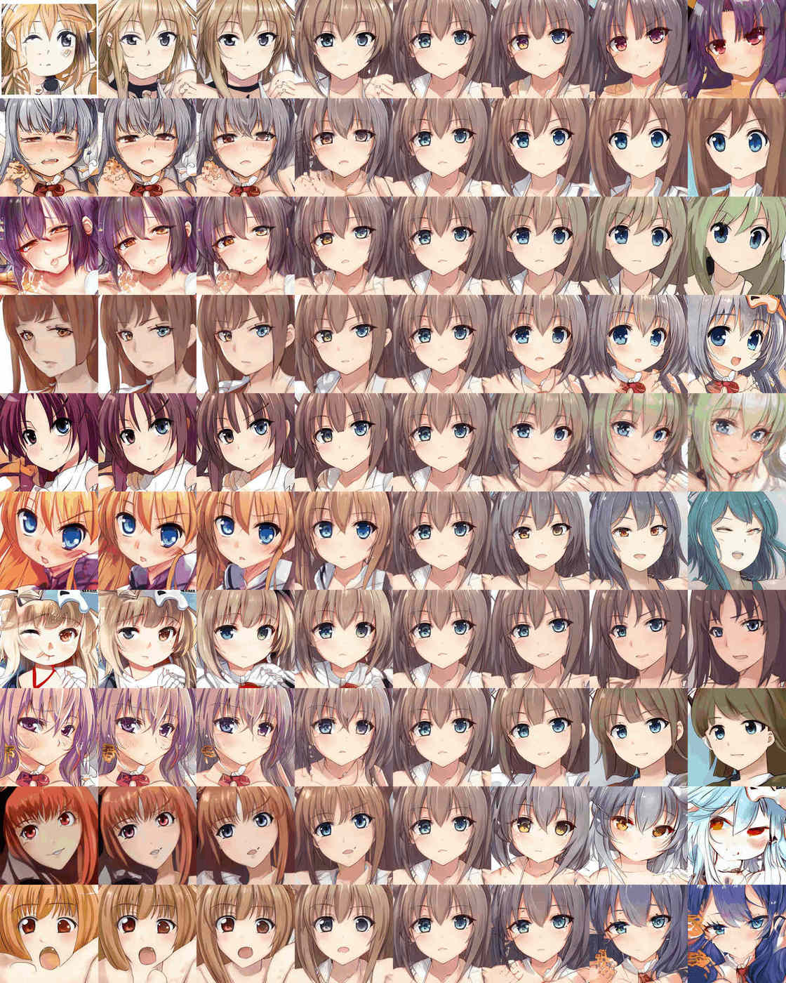 Figure 8, the “truncation trick” visualized: 10 random faces, with the range Ψ = [1, 0.7, 0.5, 0.25, 0, −0.25, −0.5, −1]—demonstrating the tradeoff between diversity & quality, and the global average face.