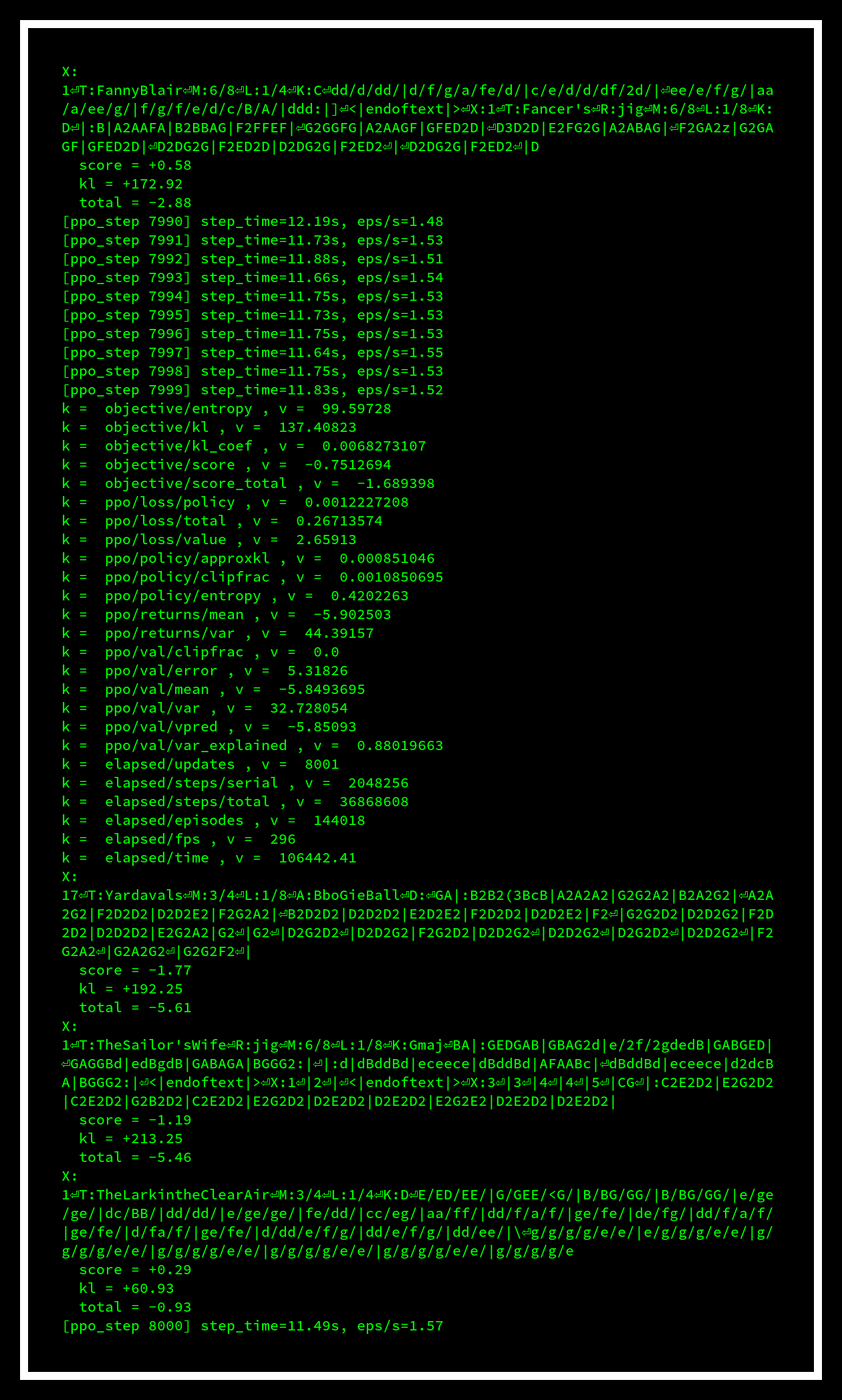 Example terminal output of an ABC music (combined model) PPO run, at 8,000 steps (~30 wallclock hours/60 GPU-hours)