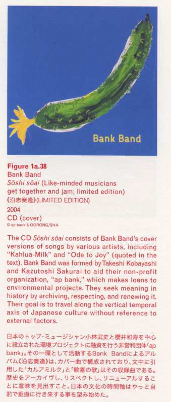 [pg135] Caption right top: · Figure 1a.38 · Bank Band · Soshi soai (Like-minded musicians get together and jam; limited edition) · 200420ya · CD (cover) · The CD Soshi soai consists of Bank Band’s cover versions of songs by various artists, including “Kahlua-Milk” and “Ode to Joy” (quoted in the text). Bank Band was formed by Takeshi Kobayashi and Kazutoshi Sakurai to aid their non-profit organization, “ap bank”, which makes loans to environmental projects. They seek meaning in history by archiving, respecting, and renewing it. Their goal is to travel along the vertical temporal axis of Japanese culture without reference to external factors.