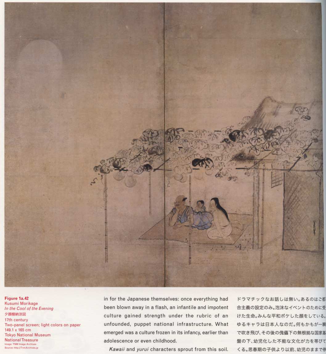 Caption left bottom: · Figure 1a.42 · Kusumi Morikage · In the Cool of the Evening · 17th century · Two-panel screen; light colors on paper · 149.1 × 165 cm · Tokyo National Museum · National Treasure