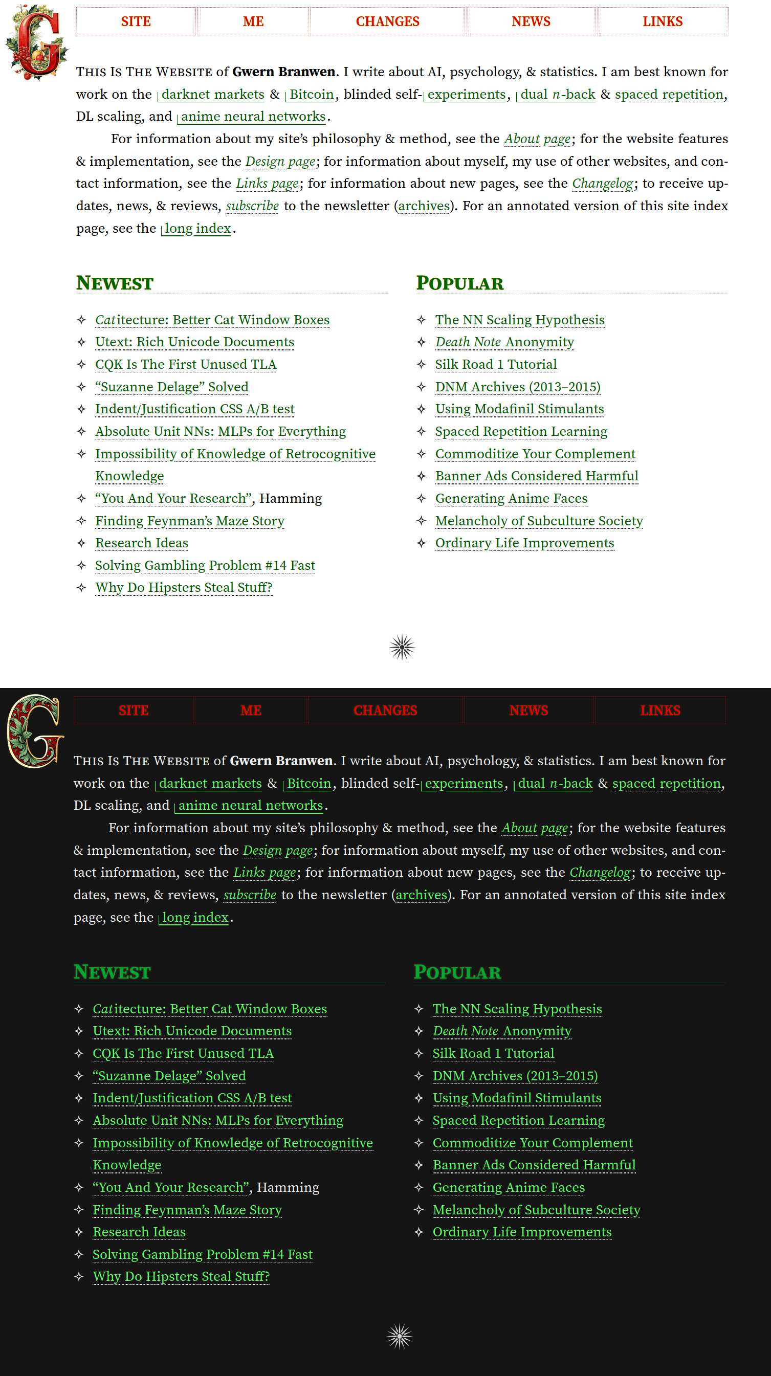 Screen of light vs dark Christmas-mode.