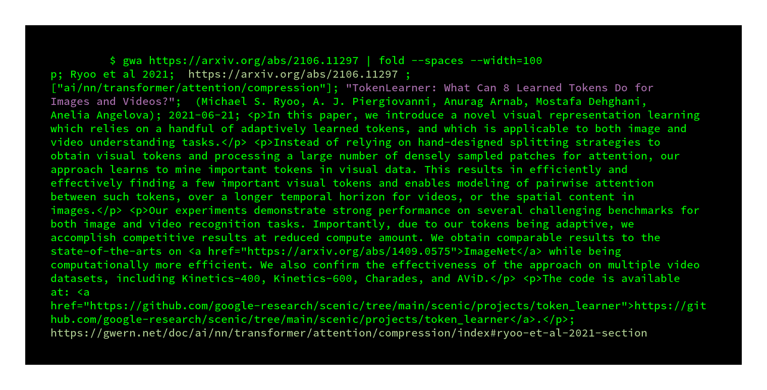 Example of querying annotations in Bash, showing syntax highlighting, shortcuts like a full Gwern.net URL to view the annotation, tags, which YAML file database it’s in, etc.