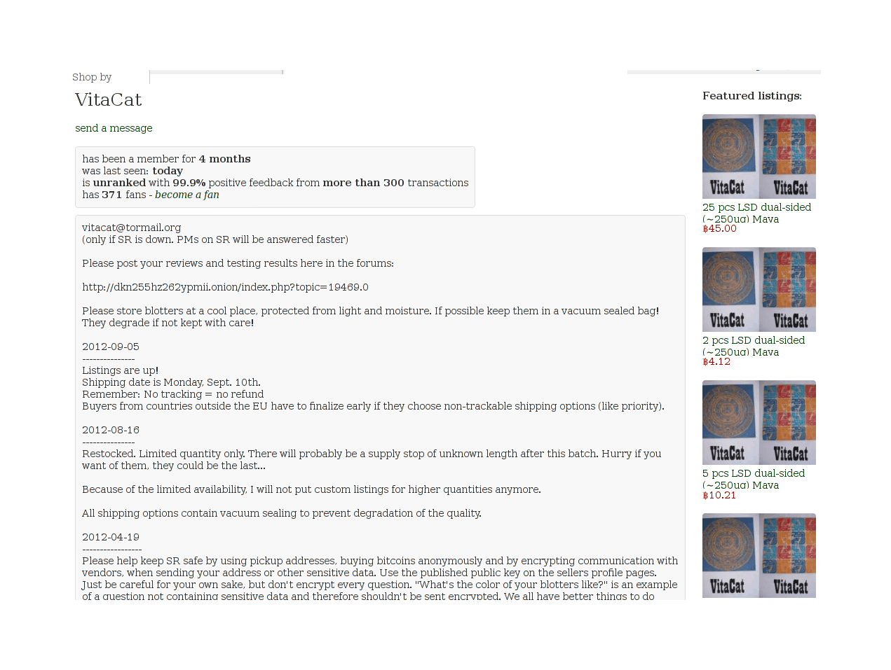 Homepage of the VitaCat LSD seller on Silk Road