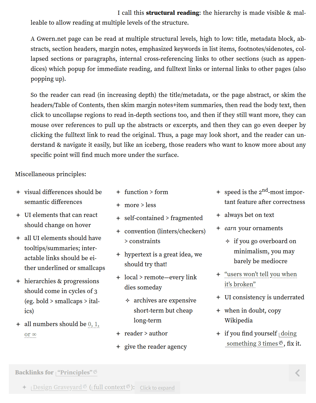 The section which contains the semantic zoom ID also includes the backlink for “semantic zoom” links, which the reader can uncollapse to read.