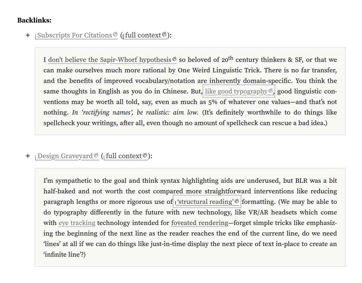 eg. for this page, one can see allusion to the “semantic zoom” neologism as a more useful design concept, or a justification of dabbling in typographic novelties like subscript notation (another example).