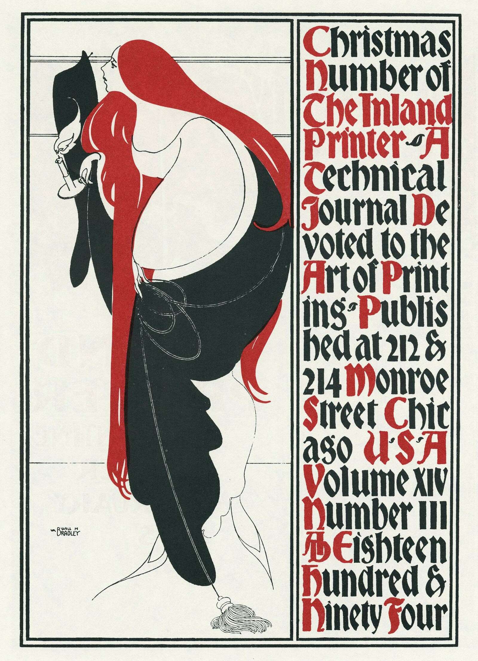 Will H. Bradley Art Nouveau cover of the noted printing magazine & showcase, The Inland Printer (v14, #3, 1894130ya; scan from Will Bradley: His Graphic Art via David Jonathan Ross apropos of making a Bradley revival font).