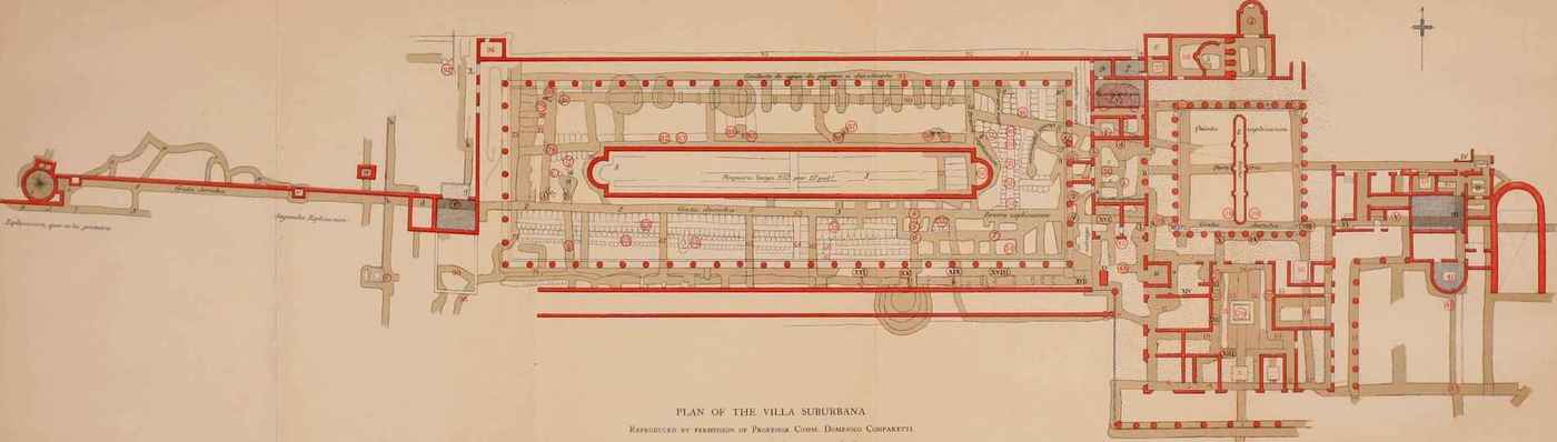 Plate 48, pg441 of Herculaneum, Past, Present & Future, Waldstein & Shoobridge1908: Villa of the Papyri ground plan; rubrication denotes wall/pillars (lines/dots) and artifact locations (numbered circles).