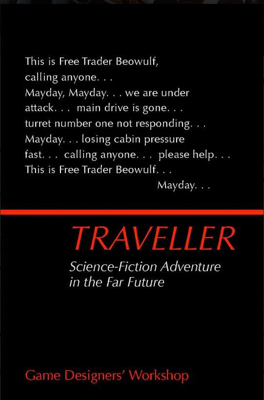 Cover of the 197747ya science-fiction tabletop RPG Traveller, first edition/classic (commentary on design & writing)