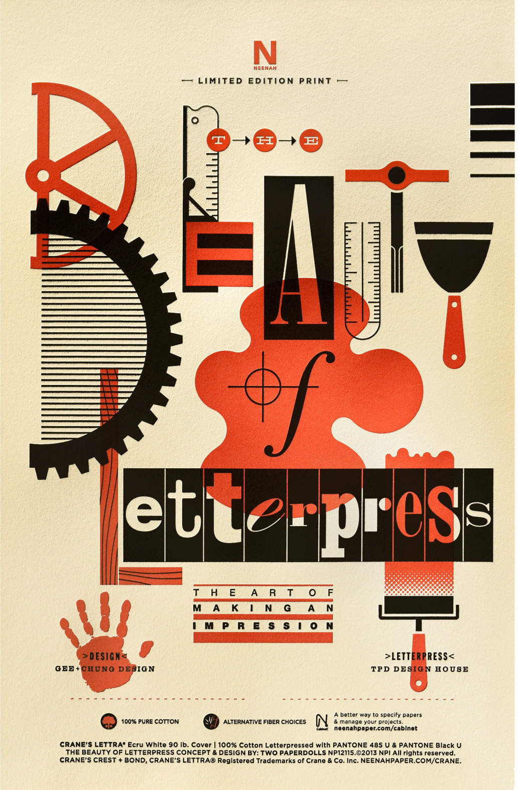 Edition #13 of “The Beauty of Letterpress: The Art of Making an Impression”, Earl Gee 200618ya (background; image via Type Worship)