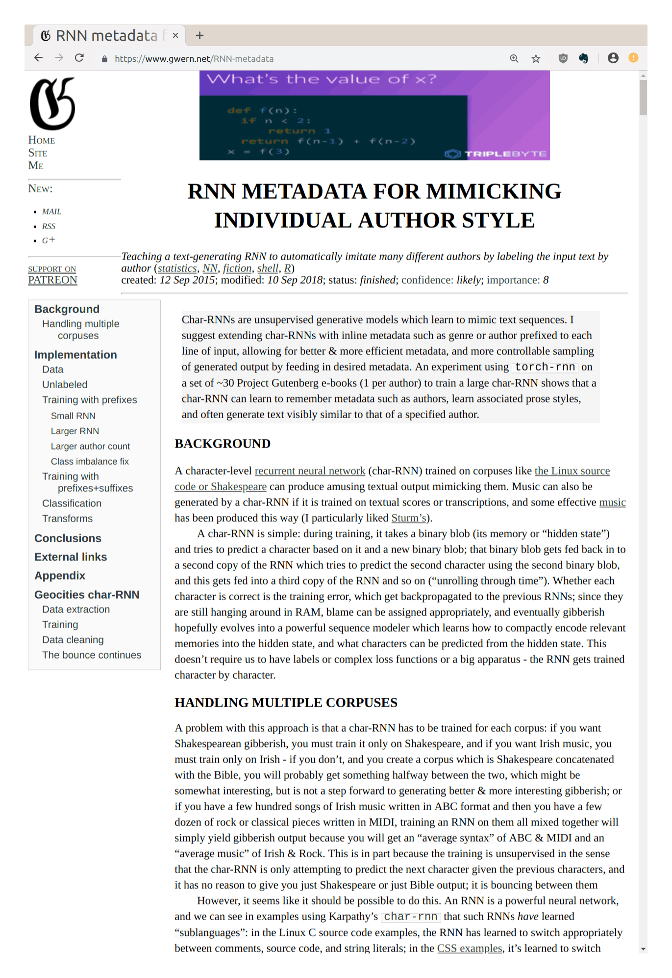 Screenshot of banner ad appearance on the poetry-generating RNN article in September 2018 when the 2nd ad A/B test began