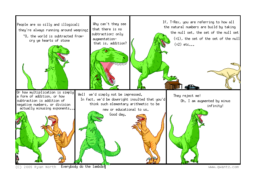 People are so silly an illogical: they’re always running around weeping: “O, the world is subtracted from—cry ye hearts of stone” // Why can’t they see that there is no subtraction; only augmentation—that is, addition? // If, T-Rex, you are referring to how all the natural numbers can be built by taking the null set, the set of the null set (=1), the set of the set of the null (=2) etc… // Or how multiplication is simply a form of addition, or how subtraction is addition of negative numbers, or division actually minusing exponents… // Well, we’d simply not be impressed. In fact, we’d be downright insulted that you’d think such elementary arithmetic to be new or educational to us. Good day. // They reject me! Oh, I am augmented by minus infinity! // (Everybody do the lambda!)