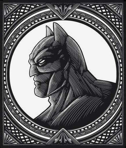 Linocut portrait of Batman, facing left, in an monochrome Art Deco style and border by Manasuka (https://www.fiverr.com/manasuka)