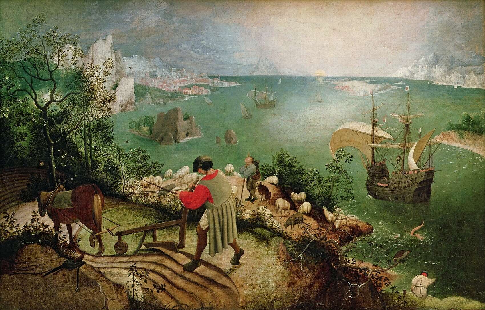 <https://en.wikipedia.org/wiki/File:Pieter_Bruegel_de_Oude_-_De_val_van_Icarus.jpg>; Icarus falls into the water unnoticed in the lower-right.