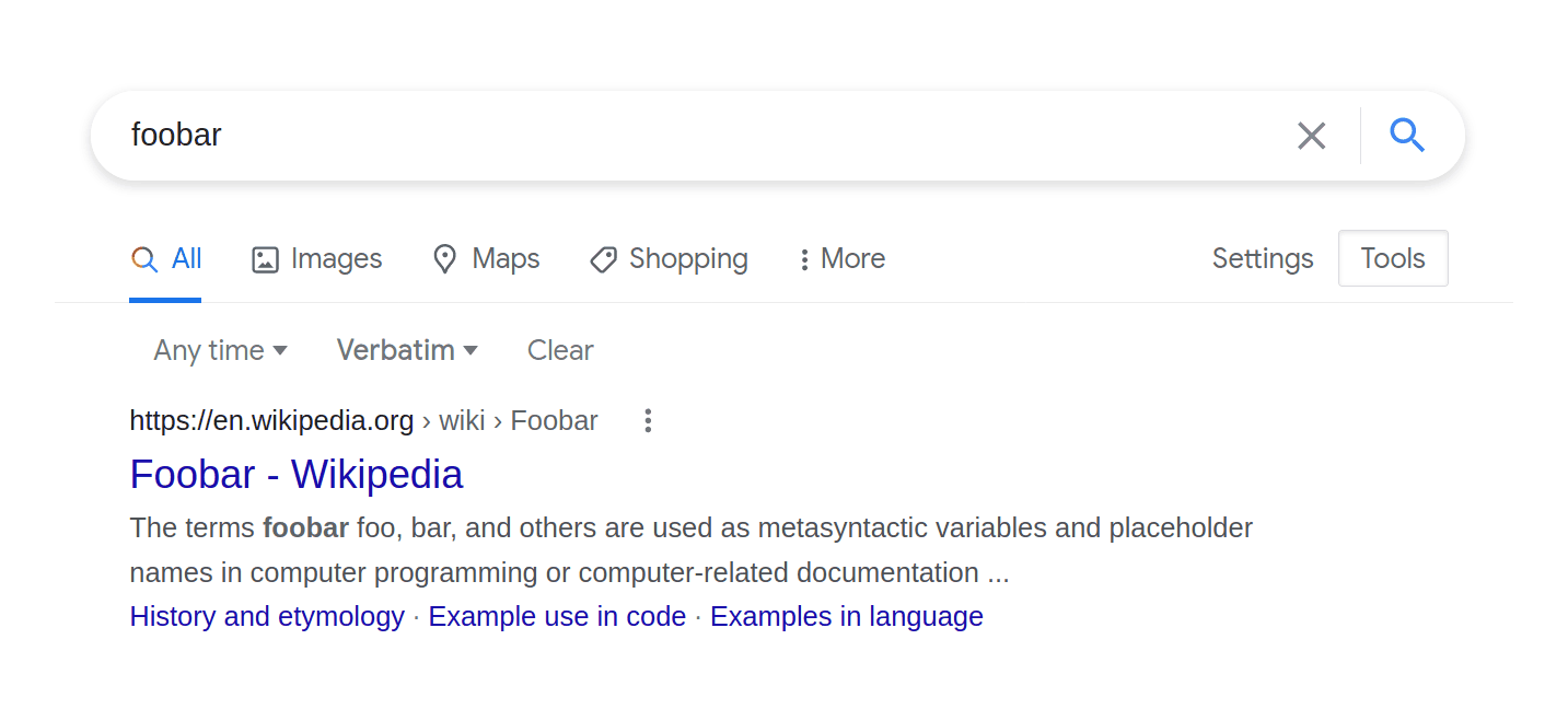 The “verbatim” mode is useful for forcing more literal matching: without it, a search for “foobar” will insist on hits about music players, hiring contests, etc rather than the programming term itself.